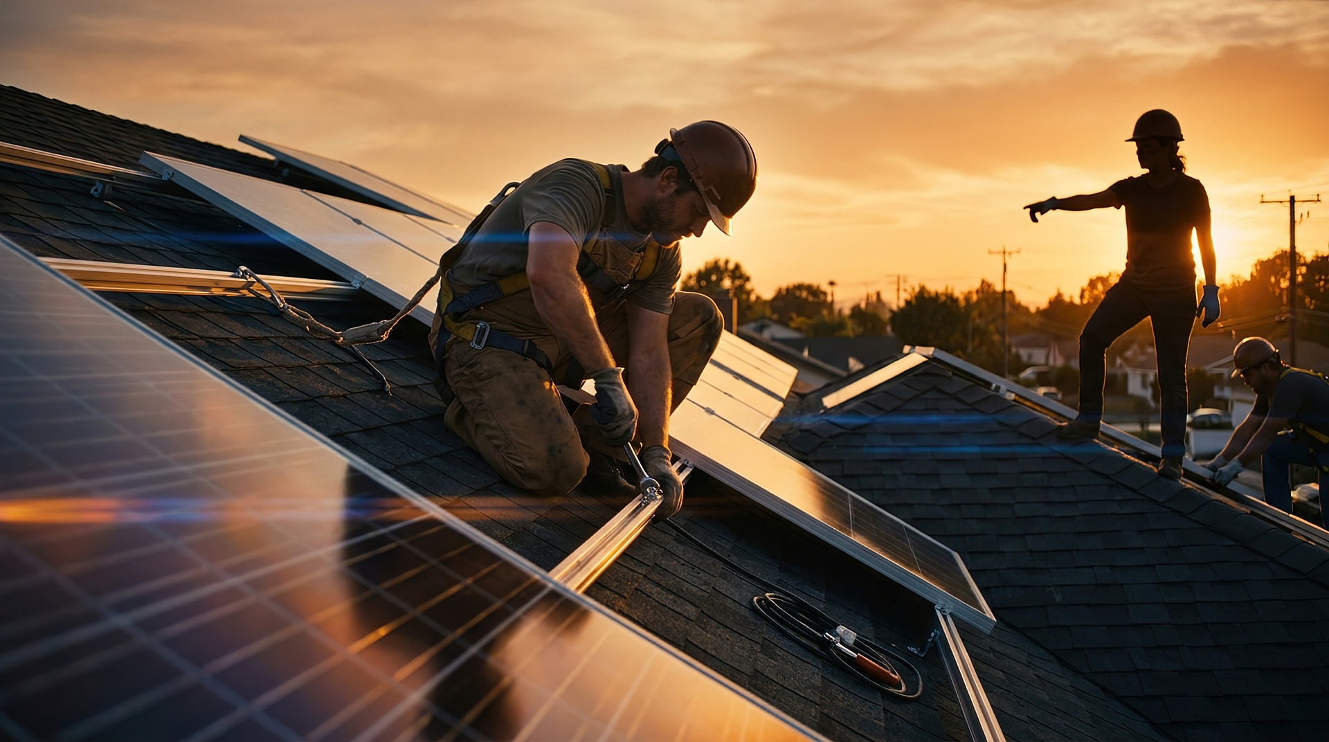 Engineers installing solar panels on rooftops